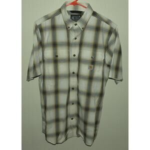 Carhartt Loose Fit Men’s Medium SS Button Shirt Beige Gray Plaid 100% Cotton